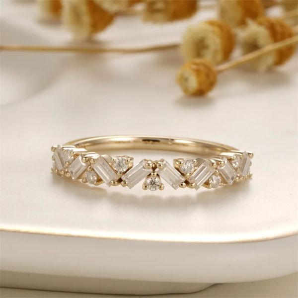 Anéis CxsJeremy Sólido 14K 585 Ouro Amarelo Moissanite Anel de Noivado Único Meia Eternidade Baguette Corte Casamento Banda Presente Nupcial