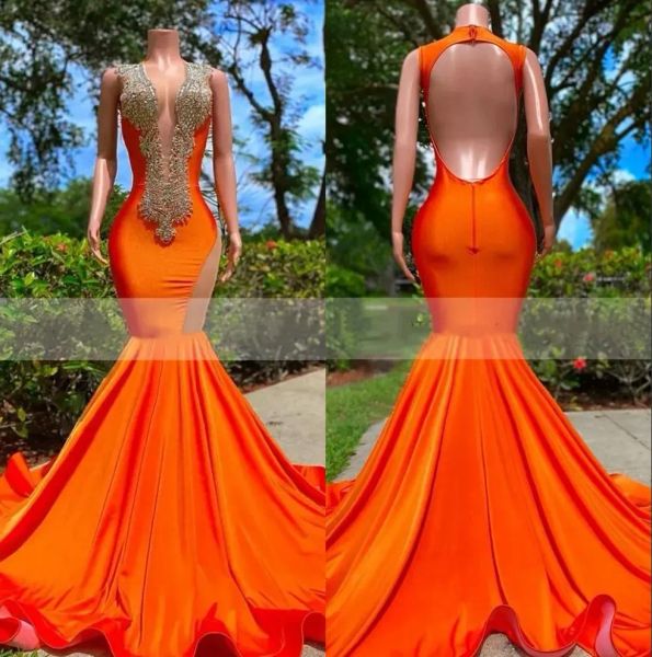 Schwarze Mädchen Orange Meerjungfrau Lange Ballkleider Perlen Kristalle Strass Tiefem V-Ausschnitt Abendkleid Formal Open Back Sleev