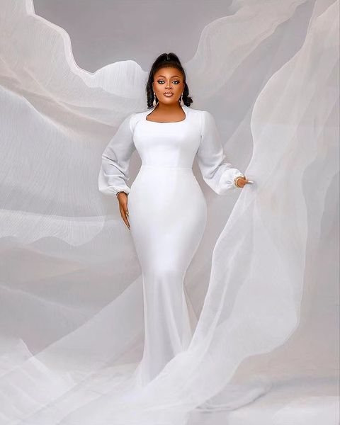 Arabisches Aso Ebi einfaches Meerjungfrau-Hochzeitskleid, quadratischer Ausschnitt, langärmliges Kleid, sexy, schlankes Brautkleid mit Boden, Sweep-Zug, Satin-Midi-Brautkleider