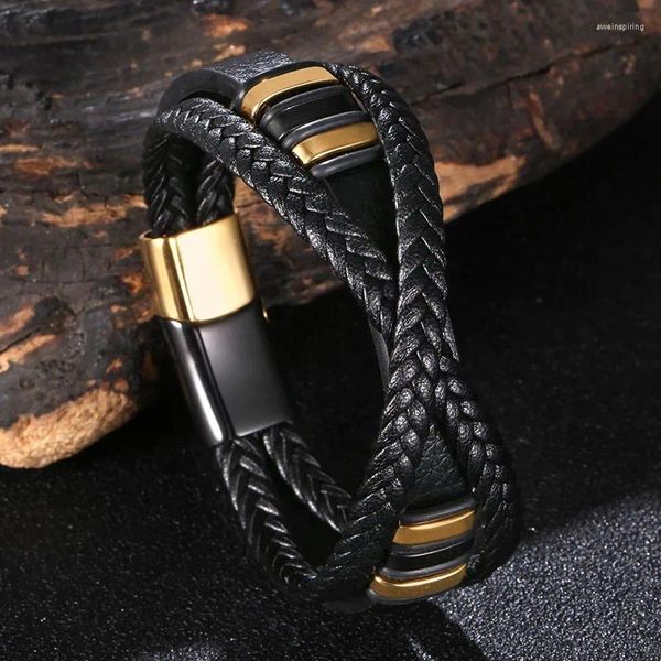 Braccialetti con ciondoli Moda Uomo Classico in pelle intrecciata nera intarsiata Croce magnetica Fibbia di sicurezza nascosta Bracciale regalo business casual SP1280