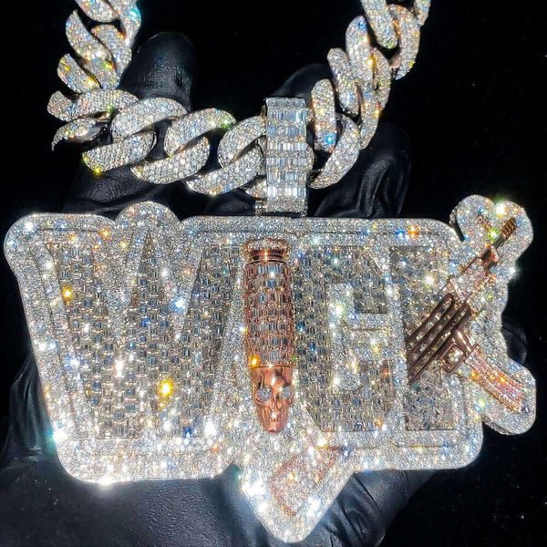 Ciondolo per gioielli con catena ghiacciata placcato oro 18 carati Hip Hop non sbiadito Nome Lettera Vvs Moissanite Diamond Baguette Uomo