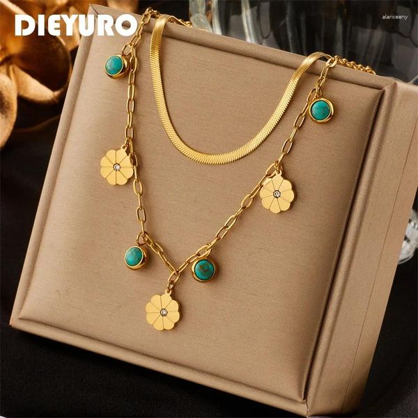 Anhänger Halsketten DIEYURO 316L Edelstahl 2 Schicht Grüner Stein Blume Halskette Für Frauen Mode Damen Kette Schmuck Mädchen Bijoux