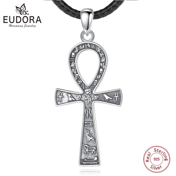 Pingentes eudora 925 prata esterlina antigo egípcio ankh cruz colar para mulheres homem fino motociclista amuleto pingente personalidade jóias presente