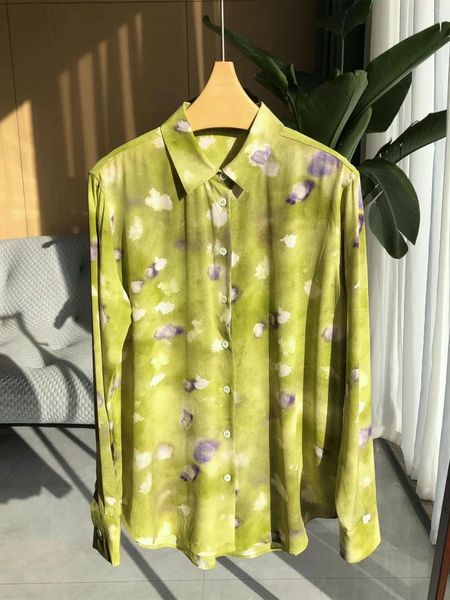 Camicette da donna Primavera Donna Camicia tie-dye verde vaniglia Colletto rovesciato Top in seta Camicetta monopetto a maniche lunghe da donna