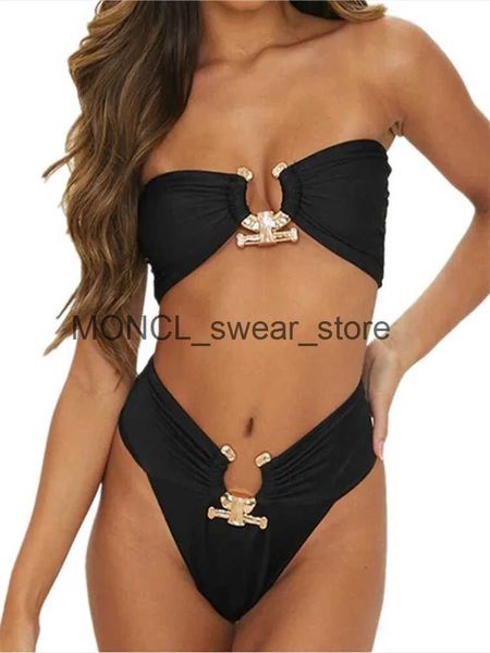 Damenbadebekleidung Sexy Schwarzer Bikini 2023 Frauen Bandeau High Cut Push Up Gepolsterter Luxus Solide Strass Brasilianischer Badeanzug BadeanzugH24222