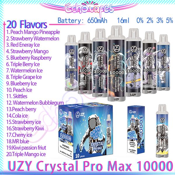 Оригинальная одноразовая вейп-ручка UZY Crystal Pro Max 10000 Puff, сетчатая катушка 1,2 Ом, 16 мл, капсула 650 мАч, перезаряжаемая батарея, электронные сигареты, затяжки 10K 0% 2% 3% 5% RBG Light Vapes