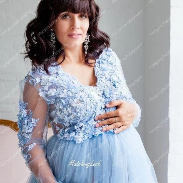 Abiti casual Elegante maternità in tulle blu con maniche lunghe a strascico Perline in pizzo Abito da gravidanza morbido e trasparente