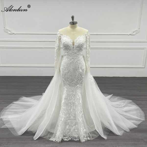 Alonlivn Elegantes Meerjungfrau-Hochzeitskleid mit abnehmbarer Schleppe, 2-in-1-Brautkleider aus Tüll, Perlenstickerei
