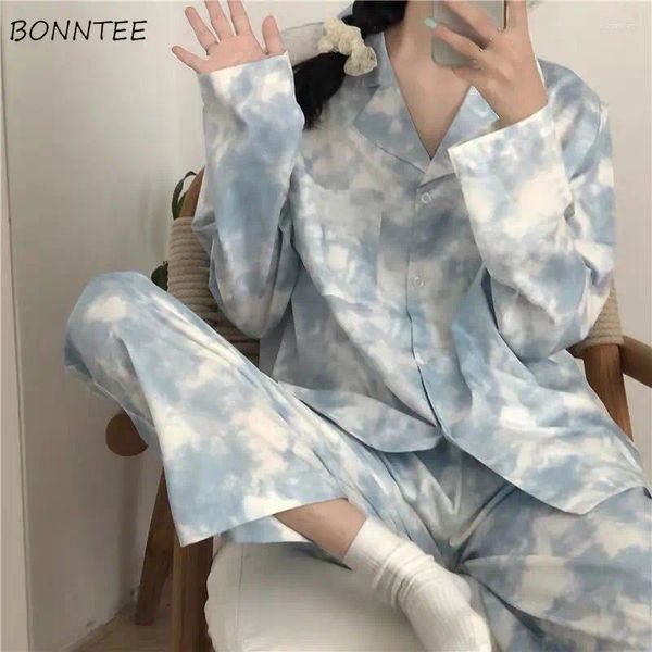 Mulheres sleepwear mulheres pijama conjuntos outono tie tintura vintage retro turn down colarinho manga longa doce estilo japonês simples nightwear casa