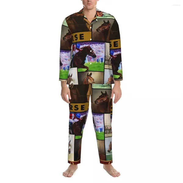 Homens sleepwear cavalo corrida pijama conjunto outono animal impressão quente quarto senhora 2 peça vintage oversize gráfico casa terno presente de aniversário