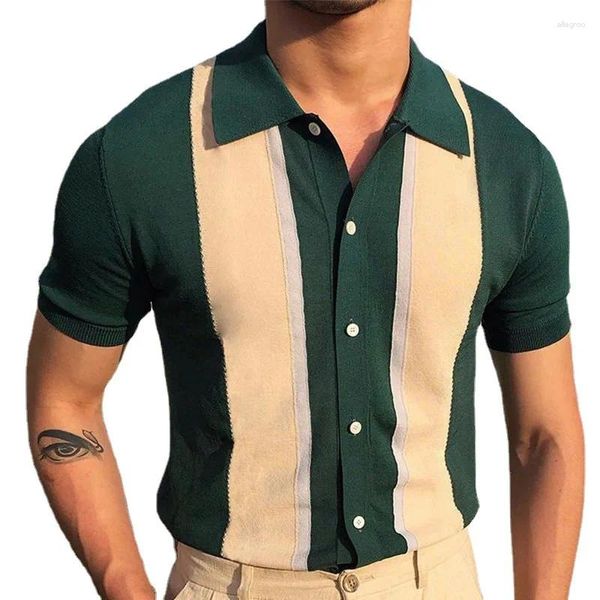 Herren-T-Shirts, Polokragen, Kontrast-T-Shirt, einreihiges Cardigan-Strick-Kurzarmshirt