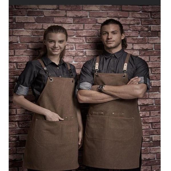 Avental de trabalho de lona encerada resistente com bolsos de ferramentas churrasco café babador chef cozinha avental alças cruzadas ajustáveis M-L253u