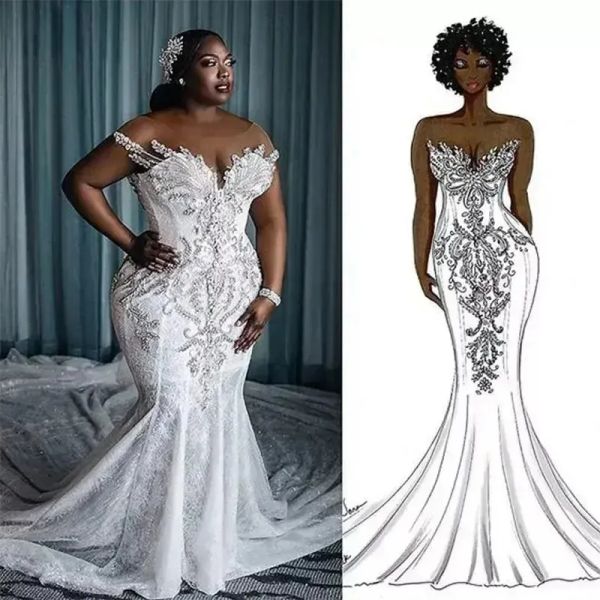 Aso Ebi Sereia Vestidos de Noiva para Noiva Plus Size Vestidos de Noiva Africano Nigéria Estilo Renda Tule Ilusão Rehinestones Frisado Vestido de Mariage para Mulheres Negras NW130