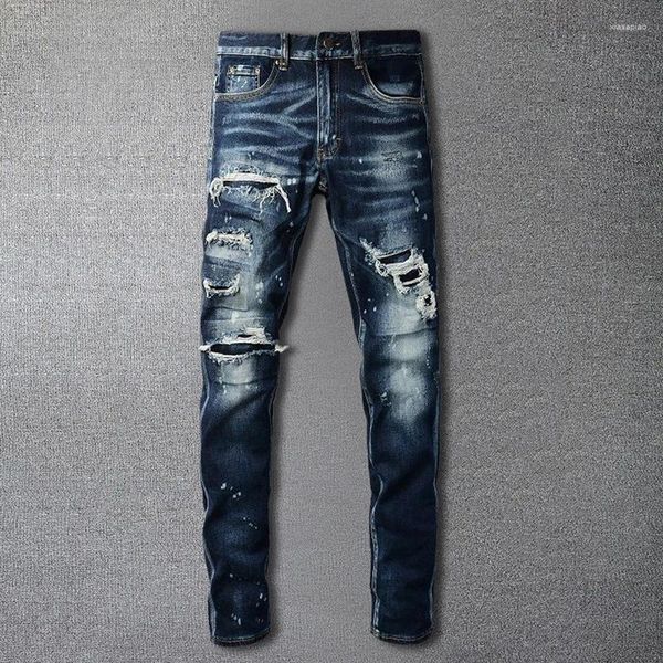 Erkekler Kot High Citity Mürekkep Sıçrama Erkekler Patchwork Yırtıcı Delik Tasarım Pantalon Vaqueros Hombre için