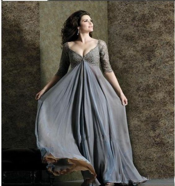 Schickes Plus-Size-Spitzenkleid für die Brautmutter, Ärmel A-Linie, V-Ausschnitt, Empire-Taille, Kleid für die Mutter des Bräutigams, bodenlang, Chiffon, gerade Linie 7191593