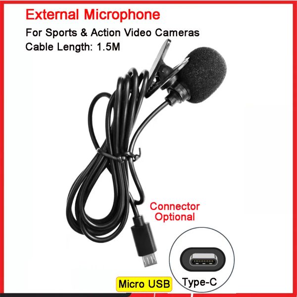 Microfones Microfone externo de alta fidelidade para ir à prova d'água Pro Sport Camera Action Camera Micro USB / Typec Conector Cabo Comprimento 1,5m