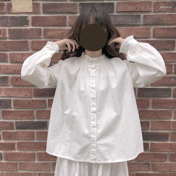 Blusas femininas camisa kawaii harajuku japonês estilo coreano branco lolita plissado topos solto doce macio menina manga longa bonito