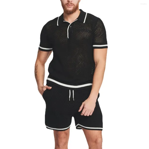 Herren-Trainingsanzüge, zweiteilig, sexy, hohles Strickwaren-Set, Herren-Hip-Hop-Kurzarm-Polo-Kragen-Hemd, Strickjacke, Top, Shorts, Strand für Herrenbekleidung