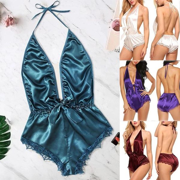 Conjuntos de sutiãs sexy oco vestido bodysuit mulheres sutiã conjunto renda pijama profundo v roupa interior erótica uma peça aberta halter lingerie