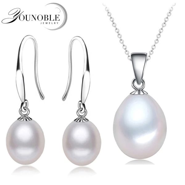 Set Set di gioielli con perle naturali vere Argento 925 da donna, orecchini di perle d'acqua dolce Set Collana con ciondolo Figlia bianca Compleanno Miglior regalo