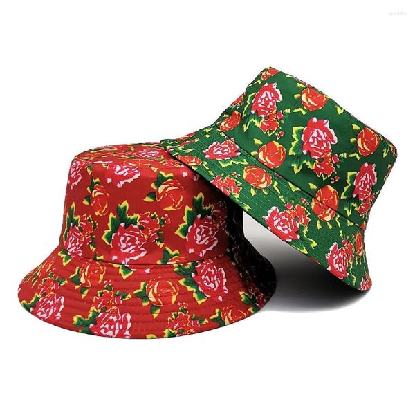 Berets 2024 Nordosten Große Blumenmuster Eimer Hut Frühling und Sommer Mode Männer Frauen Doppelseitige Sonnenschirm Casual Panama Bob Cap