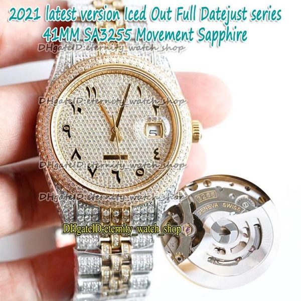 Versão mais recente Diamantes árabes Dial SA3255 Automático 81158 126334 126333 Mens Watch Two Tone Strap Iced Out Full Diamond eternidade 288r