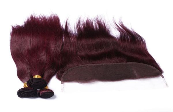 Vinho Tinto Pacote de Cabelo Humano Lida com Fechamento Frontal Reto 99J Borgonha 13x4 Orelha a Orelha Fechamento Frontal de Renda com Cabelo Virgem1401753