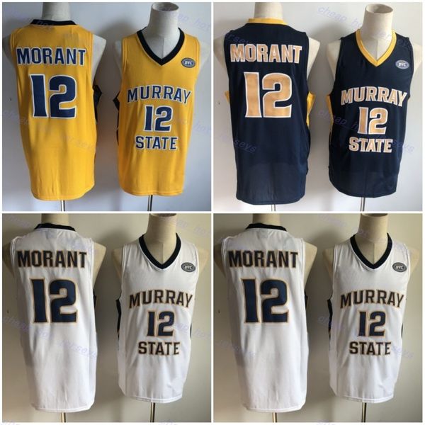 Erkek NCAA Murray State Racers 12 Ja Morant College Basketbol Formaları Vintage Sarı Mavi Beyaz OVC Ohio Valley ED Gömlekler S-XXL