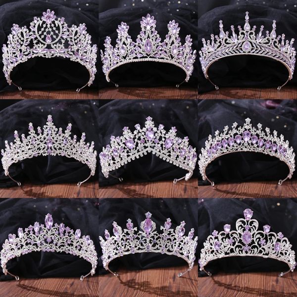 Ювелирные изделия Sier Color Fashion Purple Lilac Crystal Athestone Tiara Crowns Королева короли принцесса свадебные аксессуары для волос.