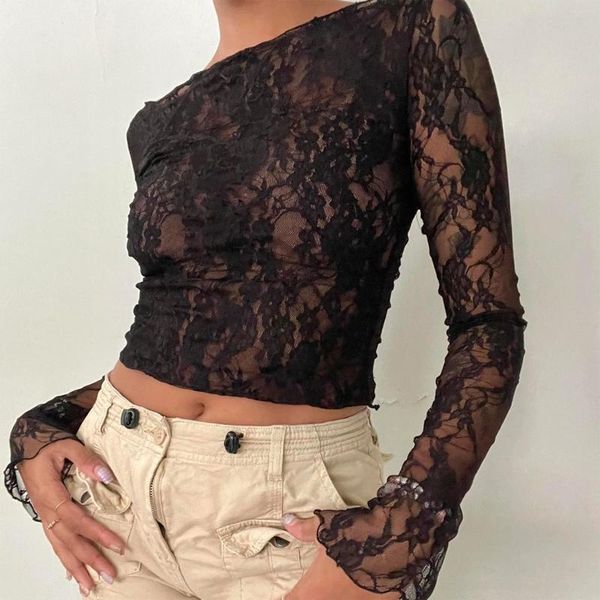 Damen T-Shirts Imcute Frauen Y2k Spitze Blumen Mesh Crop Tops Langarm Durchsichtig T-Shirt Sexy Sheer Ausgehen Bluse Streetwear