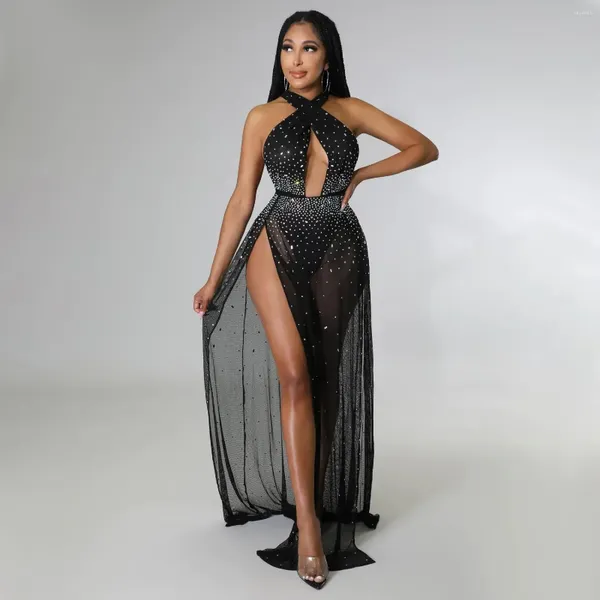 Sıradan Elbiseler 2024 Lüks Tasarımcı Dantel Sexy Club Young Solid Halter Of Omuz Arka Çıkan Kadınlar Uzun A-Line Tükürük Elbise