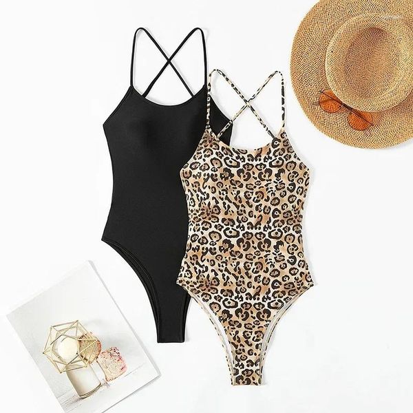 Costumi da bagno da donna 2024 Stampa leopardata Bikini a 2 pezzi Costume intero senza schienale grande da donna Colore solido Reggicalze nero Monokini da spiaggia sottile