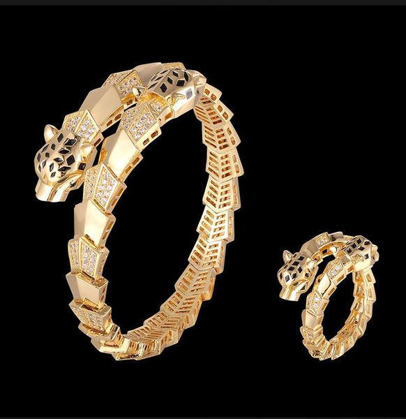 Hiphop Rock Oro Argento Doppia testa Smalto Leopardo Bracciale rigido Rame placcato Oro intarsiato Zircone Bracciale a molla Uomo Leopardo dominante Gioielli Accessori punk