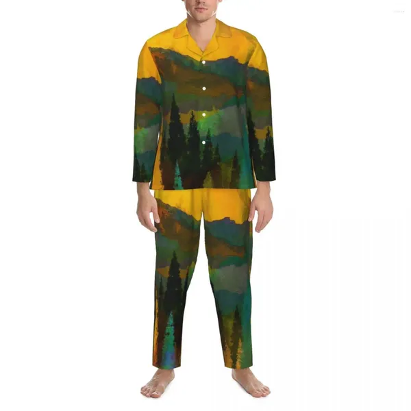 Pijamas masculinos árvores e montanhas conjuntos de pijama outono pintura de impressão abstrata quarto romântico homens 2 peças vintage casa terno