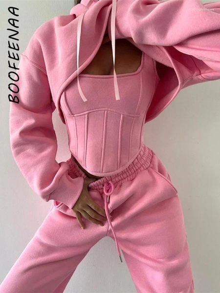 Calças de duas peças femininas BOOFEENAA Sport Sweatsuits Mulher Jogging Suit Set Baddie 3 Hoodies Corset Top Sweatpants Tracksuit Streetwear