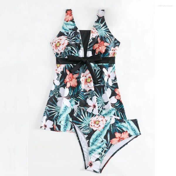 Costume da bagno da donna con nodo sul davanti e controllo della pancia con gonna alta elasticizzata Tankini Set con stampa floreale senza schienale Costume da bagno Vacay Costume da bagno in 2 pezzi