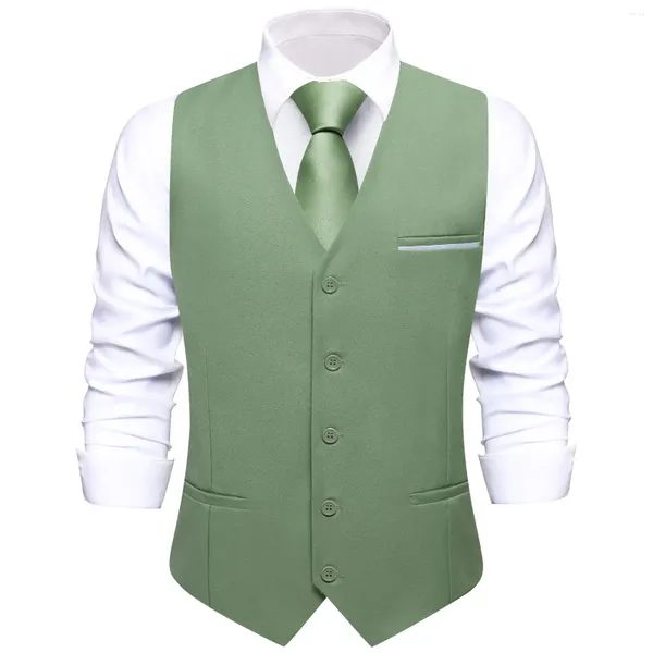 Gilet da uomo Moda Pea Green Seta Classico Gilet solido Cravatta Hanky Gemelli Set per uomo Business Party Designer Hi-Tie