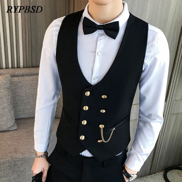 Colete masculino de terno duplo, uniforme de trabalho de garçom, discoteca, slim fit, vestido casual, colete para homens, smoking, gilet