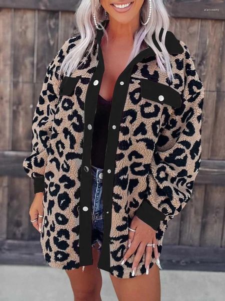 Jaquetas femininas moda leopardo impressão casaco de lã 2024 jaqueta outono inverno europa américa casual solto plush topos mulher roupas