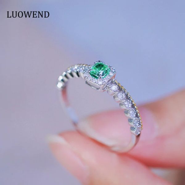 Anelli Luowend 18k anelli in oro bianco e giallo anelli di lusso Design taglio cuscino anello di fidanzamento del diamante verde naturale per matrimonio