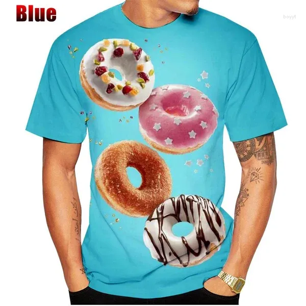 Camiseta masculina 2024 moda verão casual camiseta 3d impresso chocolate donut em torno do pescoço comida pão manga curta tops