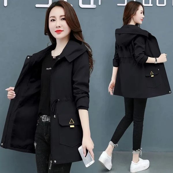 Trench 2023 Neue Herbst -Frauenjacken Windbreaker Famale Kapuze Casual Basic Coat Loose Reißverschluss Leichte Jacke Außenbekleidung