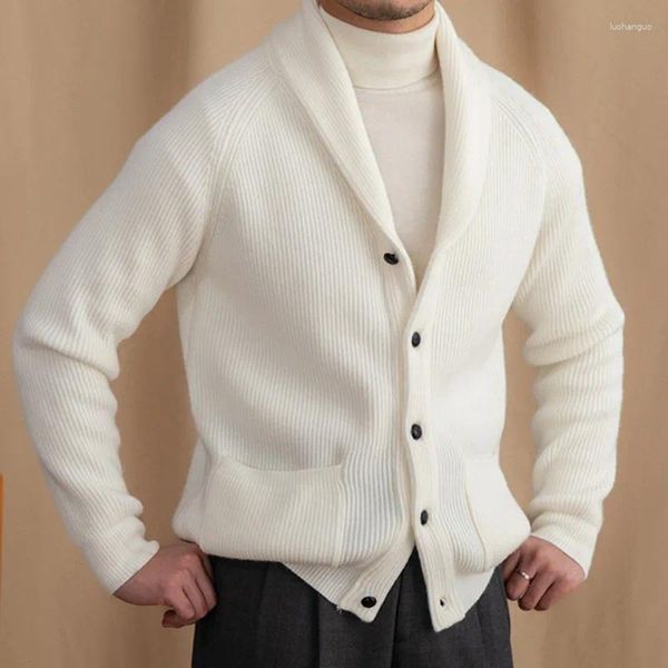 Erkek Sweaters Kış İngiliz Retro Sweater hırka sıcak ceket erkekler tek göğüslü üst cep örgü düz renk