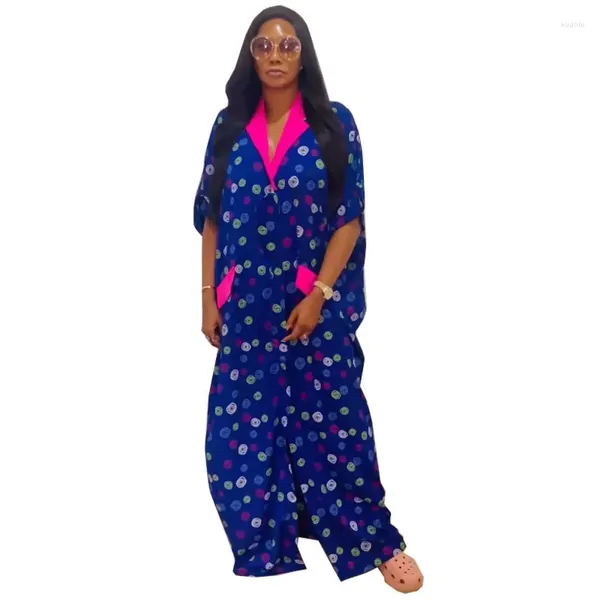 Plus Size Kleider Herbst Winter Mode Print Kleid Afrikanische Frauen V-ausschnitt Fledermaus Ärmel Taste Casual Lose Fit