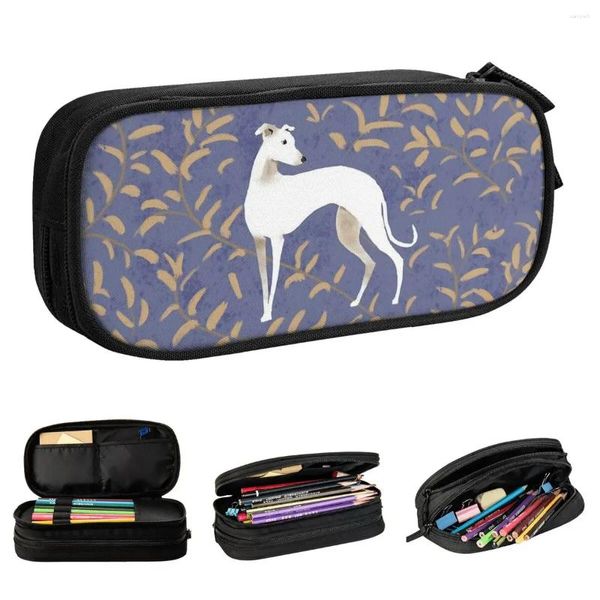 Sacos cosméticos Whippet com folhas marrons casos de lápis galgo sighthound cão caneta caixa grande saco de armazenamento estudantes escola