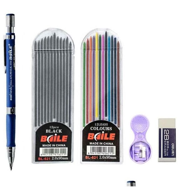 Matite all'ingrosso 2.0mm portamine meccaniche Set 2B Matic con ricariche di piombo Colorblack per bozze Ding scrittura Crafting Art Sketch Drop Dhmn0