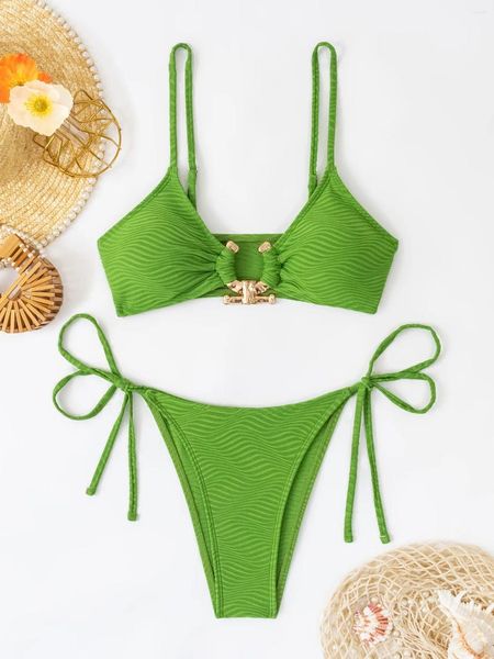 Mulheres Swimwear Sexy Bikini Set Verde Metal Designer Push Up Micro Swimsuit 2024 Brasileiro Cut Out Banheira Terno Laço Tanga Lateral