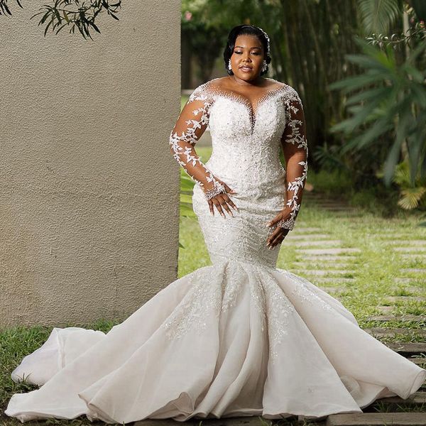 Aso Ebi Meerjungfrau-Hochzeitskleider für die Braut, Brautkleider in Übergröße, lange Ärmel, elegantes Tüll-Perlen-Spitze-Kristall-Hochzeitskleid für schwarze Frauen aus Afrika, Nigeria, NW103