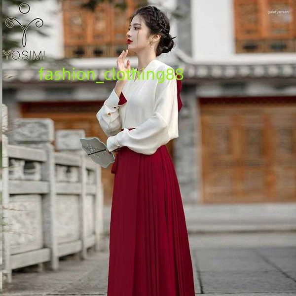 Vestidos casuais yosimi estilo chinês cavalo rosto saia plissada 2 peça mulheres definir v-pescoço manga longa camisa branca e vermelho hanfu vintage