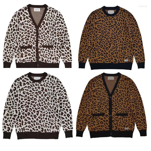 Suéter masculino estampa de leopardo de alta qualidade fio de algodão wacko suéter estilo japonês outono inverno decote em v cardigan vintage pulôver